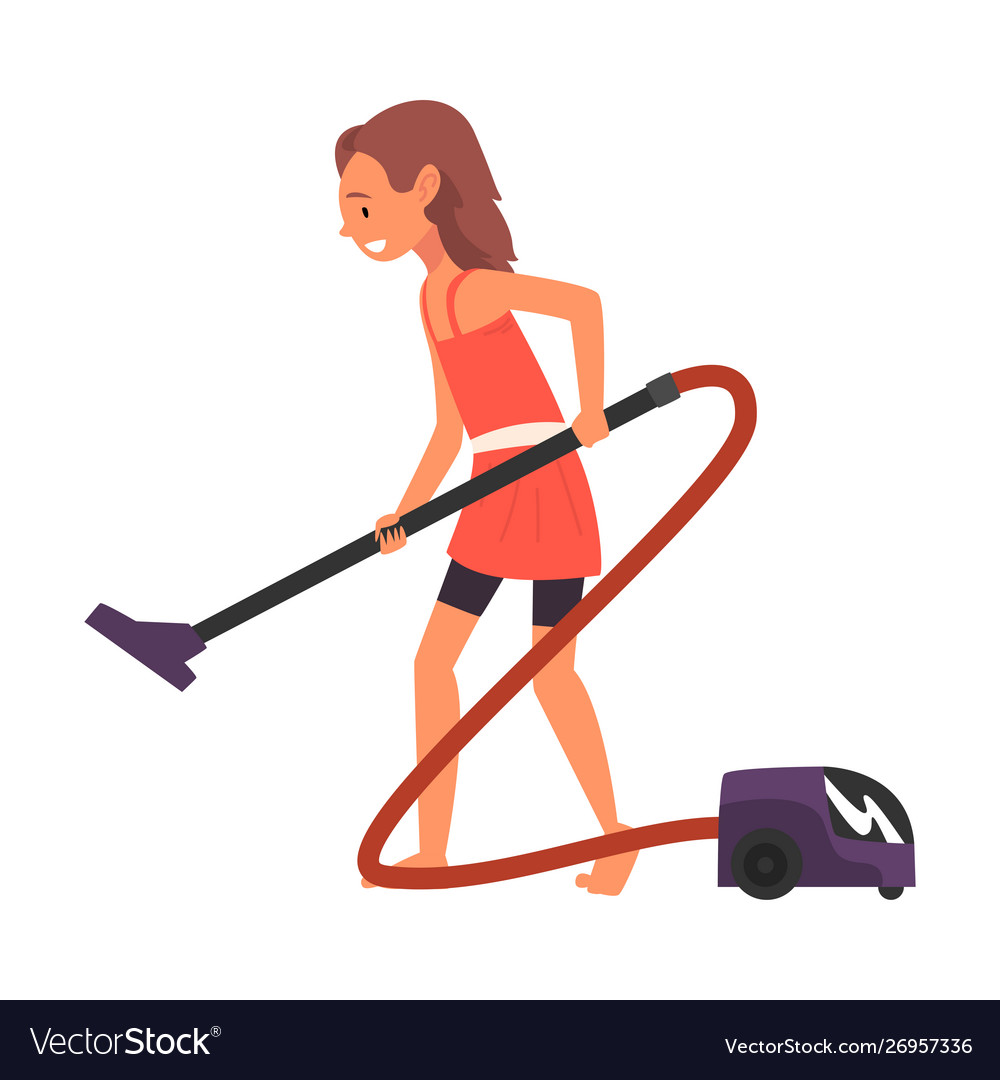 Girl vacuuming floor child doing housework