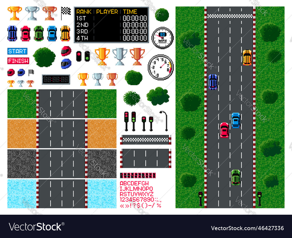 Pixel race arcade game top view 8 bit car racing Vector Image