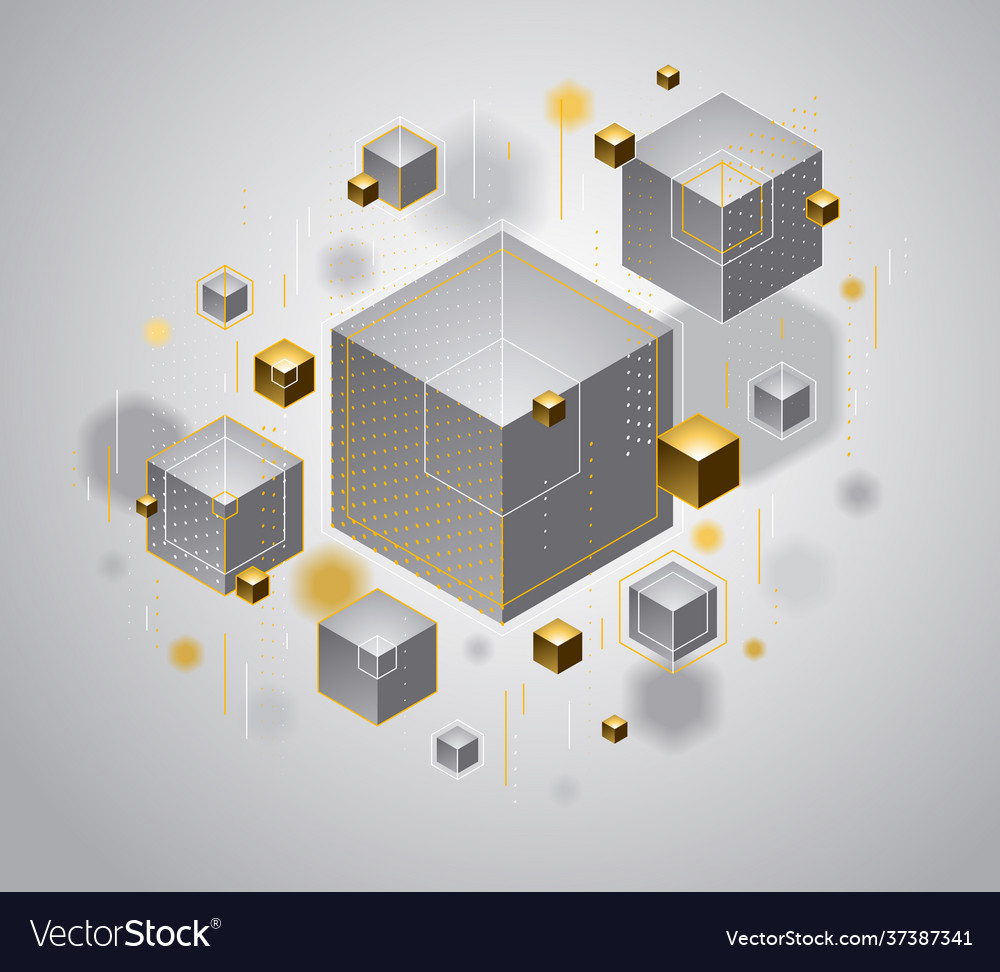 Cubes cluster with golden elements lines and dots vector image Cubes cluster with golden elements lines and dots