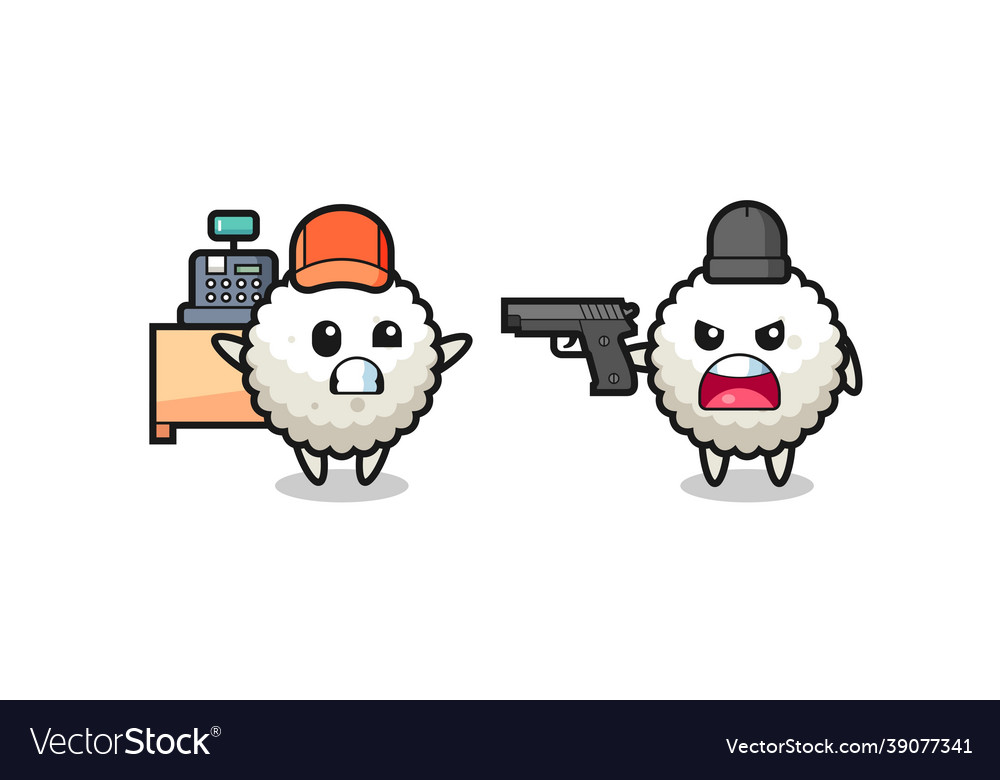 Cute rice ball as a cashier is pointed gun