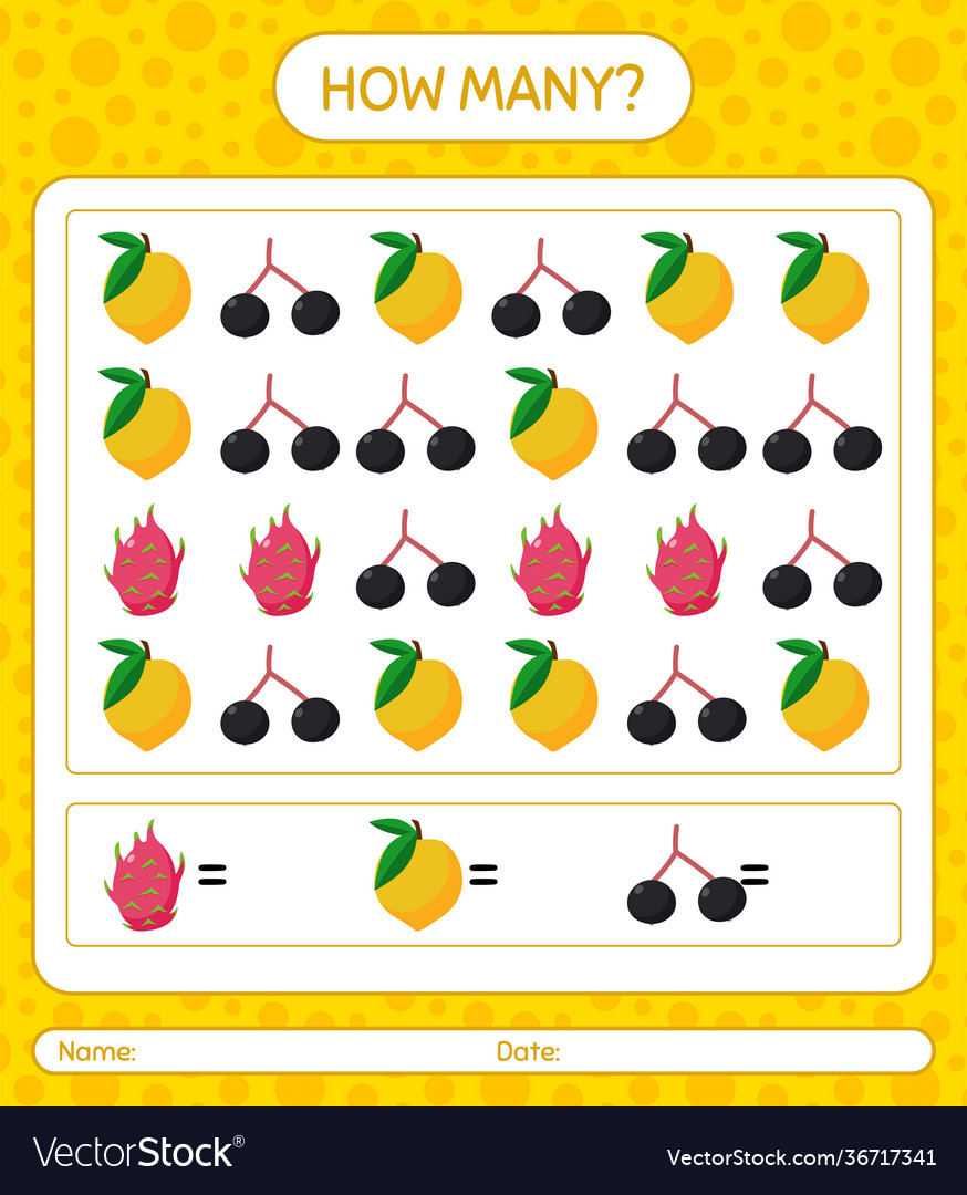 How many counting game with fruit worksheet vector image How many counting game with fruit worksheet