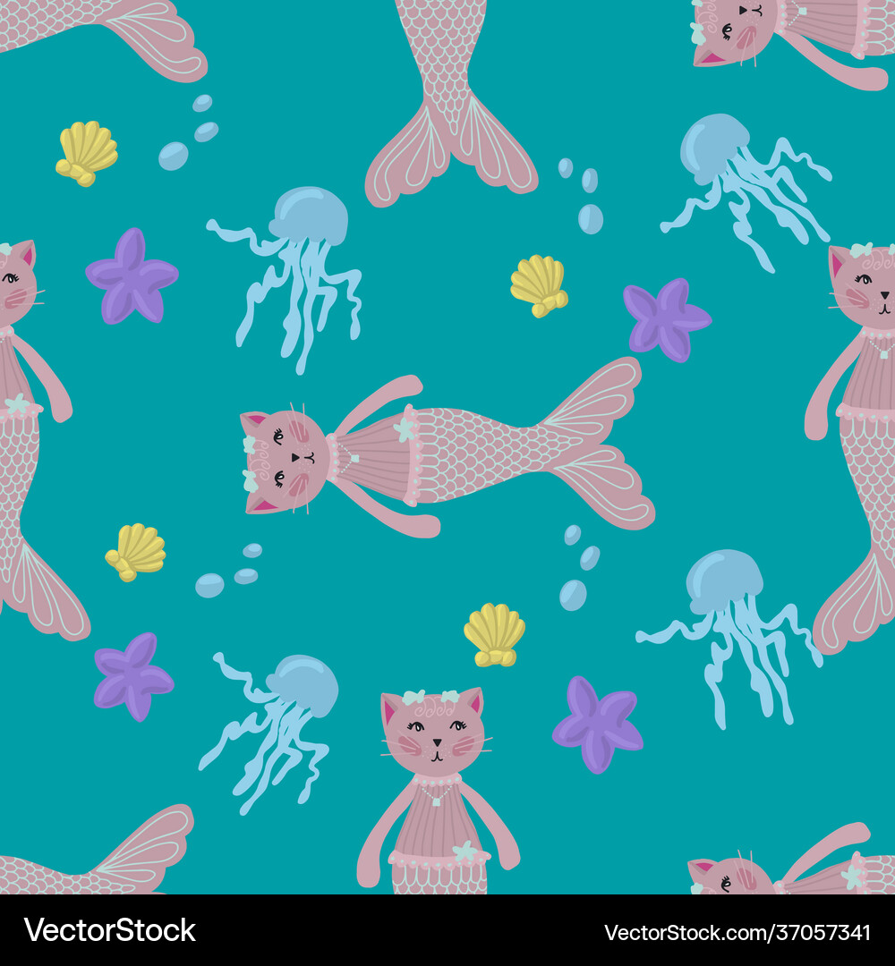 Seamless pattern sea mermaid cat cute marine Vector Image