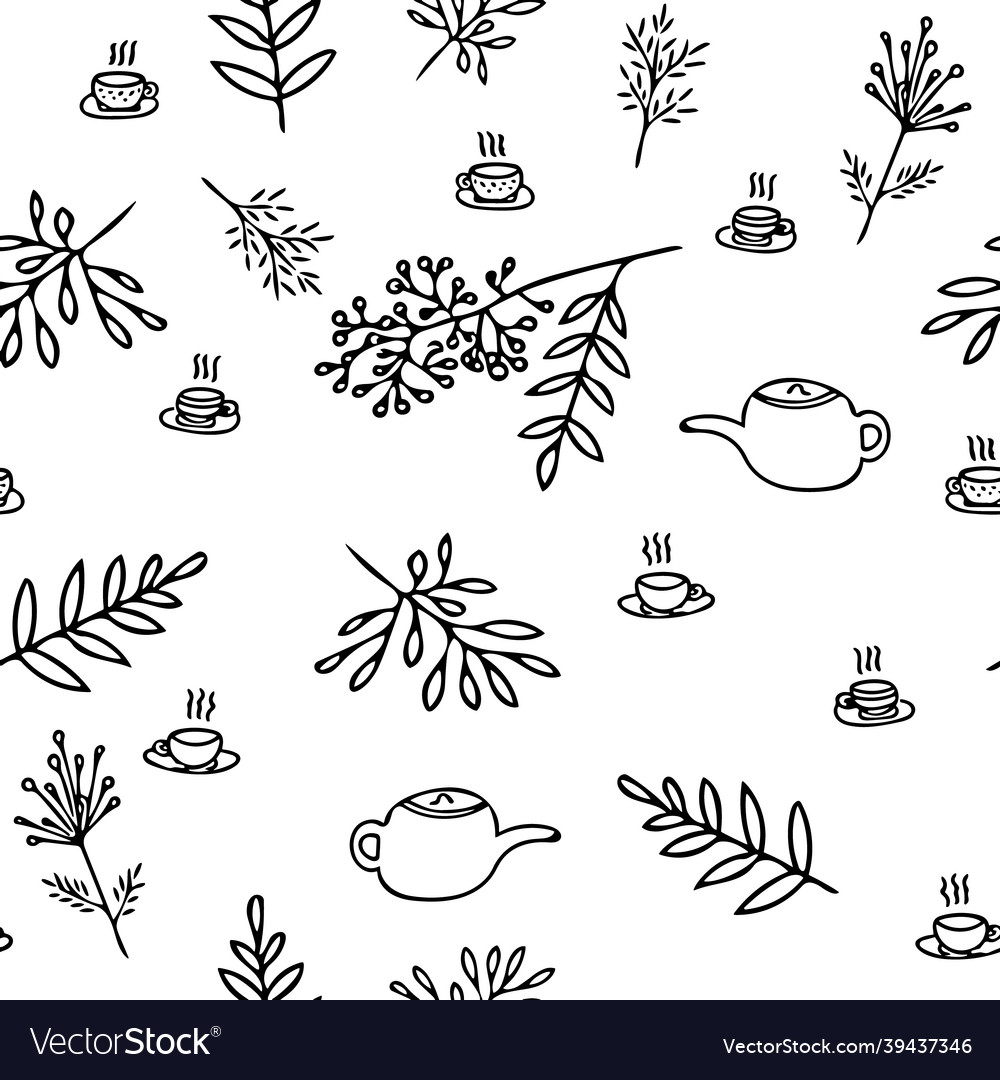 Teapot cups and leaves seamless pattern hand