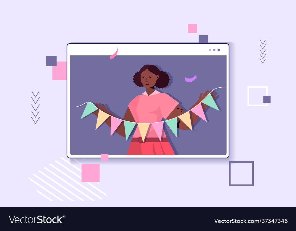 Woman celebrating online birthday girl in computer vector image Woman celebrating online birthday girl in computer