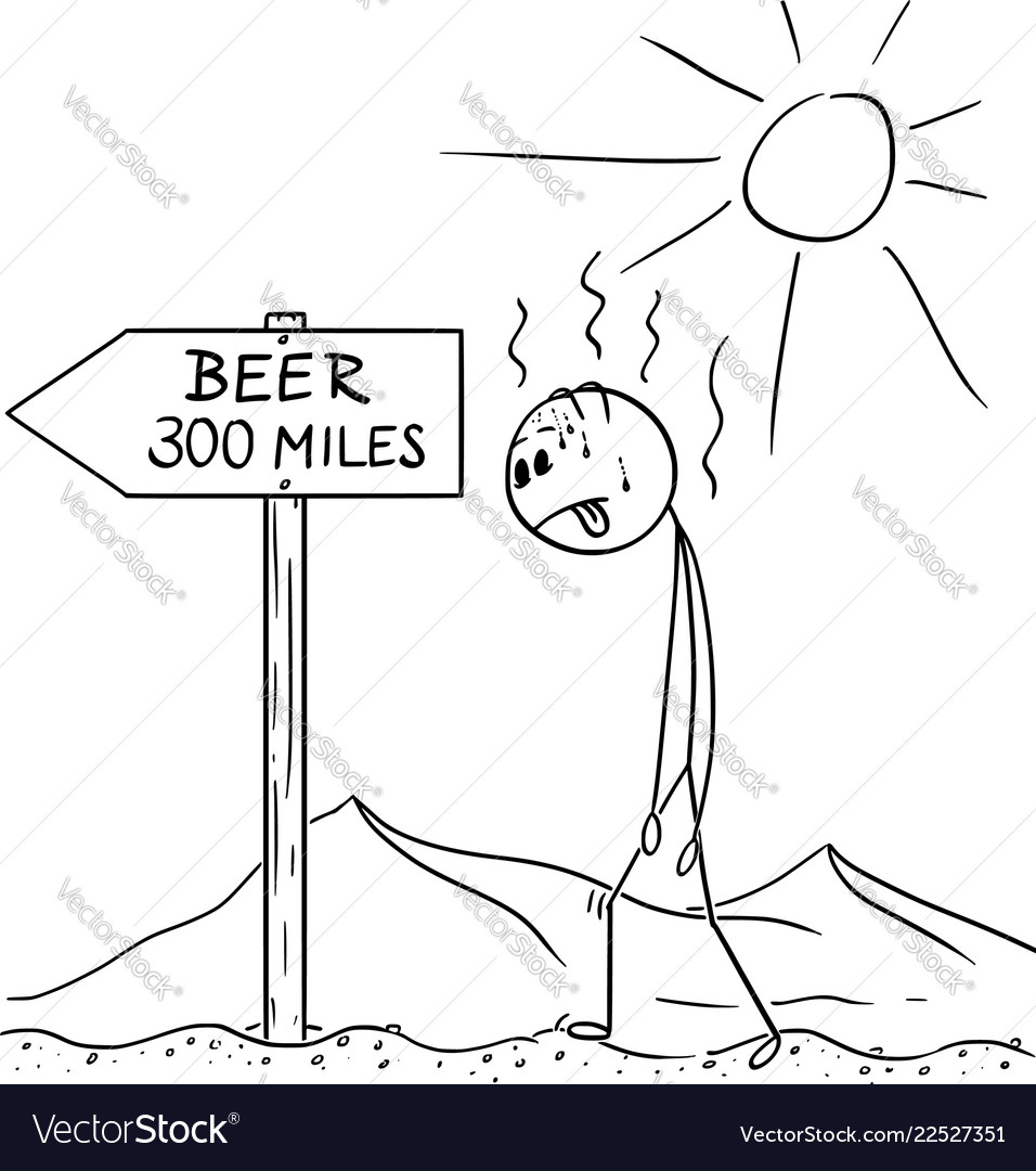 Cartoon of man walking thirsty through desert