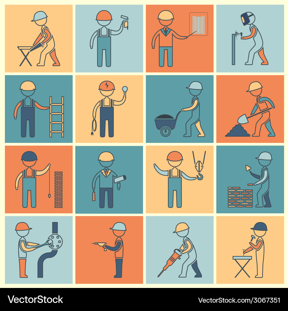 Construction worker icons flat line Royalty Free Vector