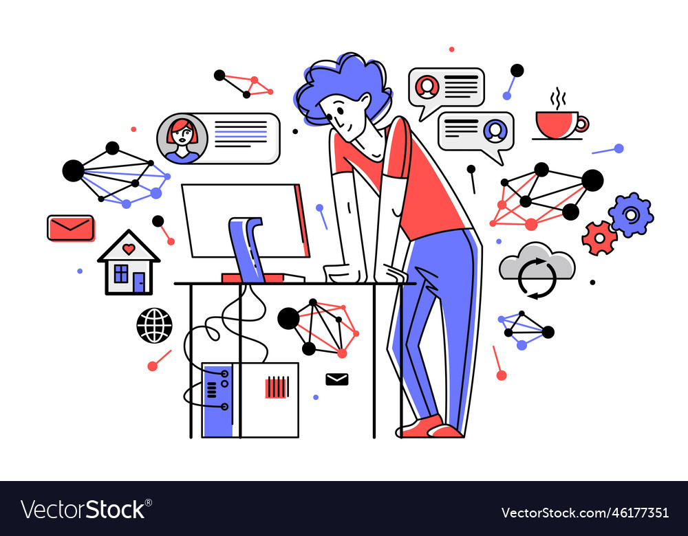 Freelancer working from home outline vector image Freelancer working from home outline