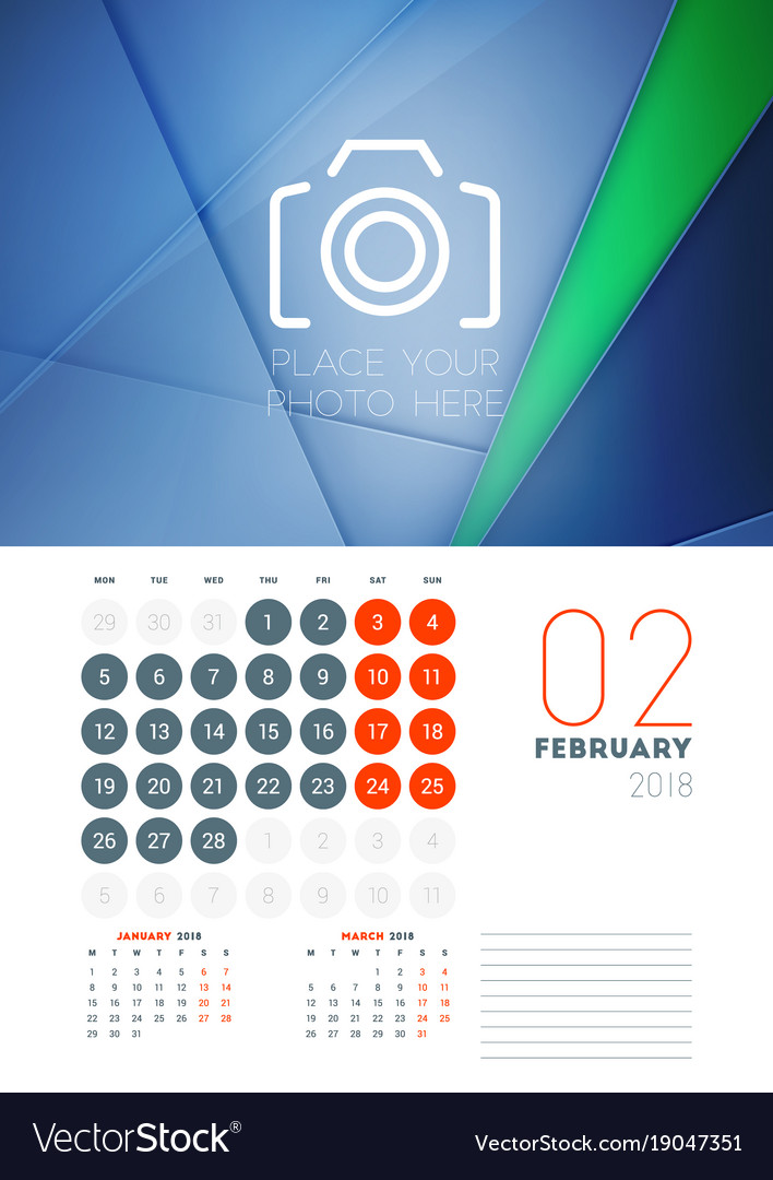 Wall calendar template for february 2018 design