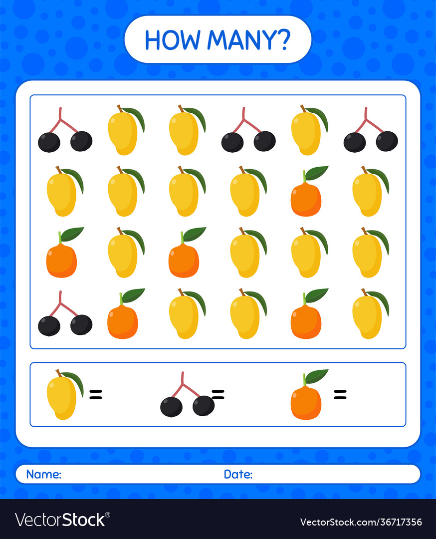How many counting game with fruit worksheet vector image How many counting game with fruit worksheet