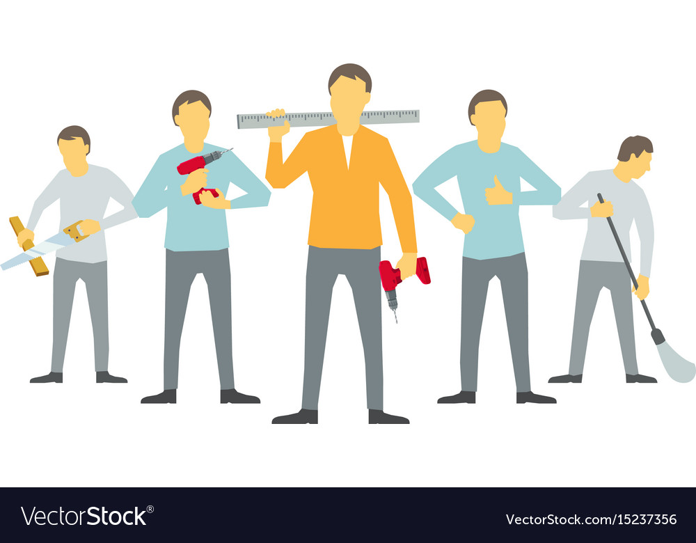 Men are carpenters team of workers five handymen