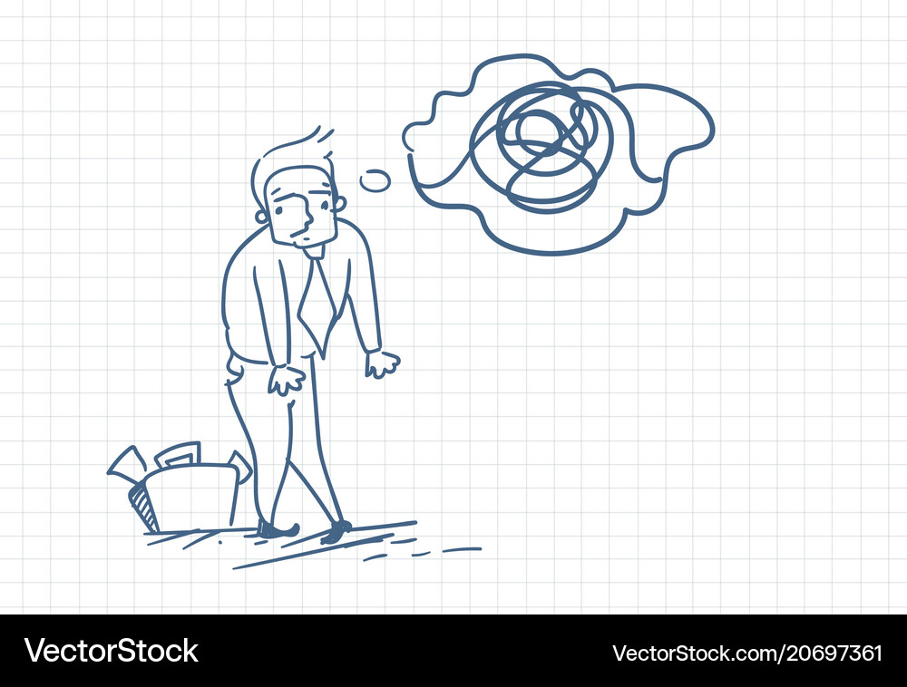 Business man doodle with confused thoughts over Vector Image
