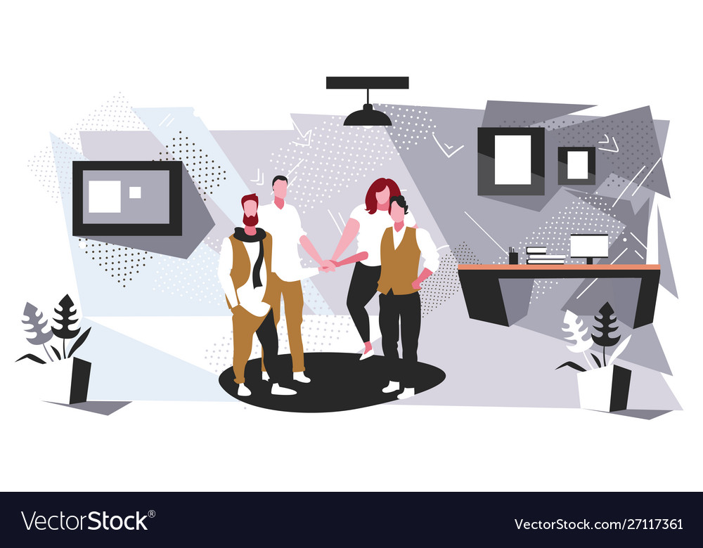 Businesspeople group collaborating holding pile vector image Businesspeople group collaborating holding pile