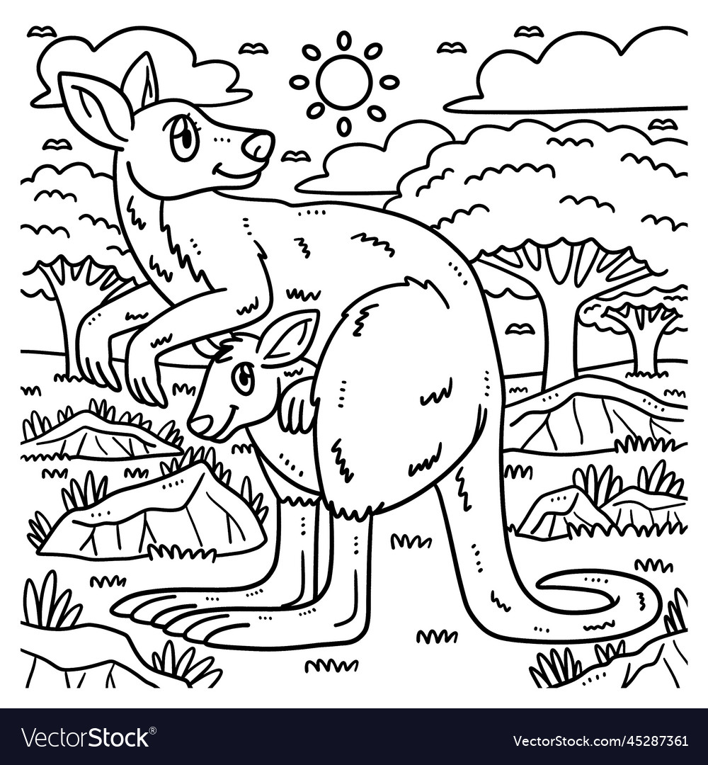 Mother kangaroo and baby kangaroo coloring page Vector Image