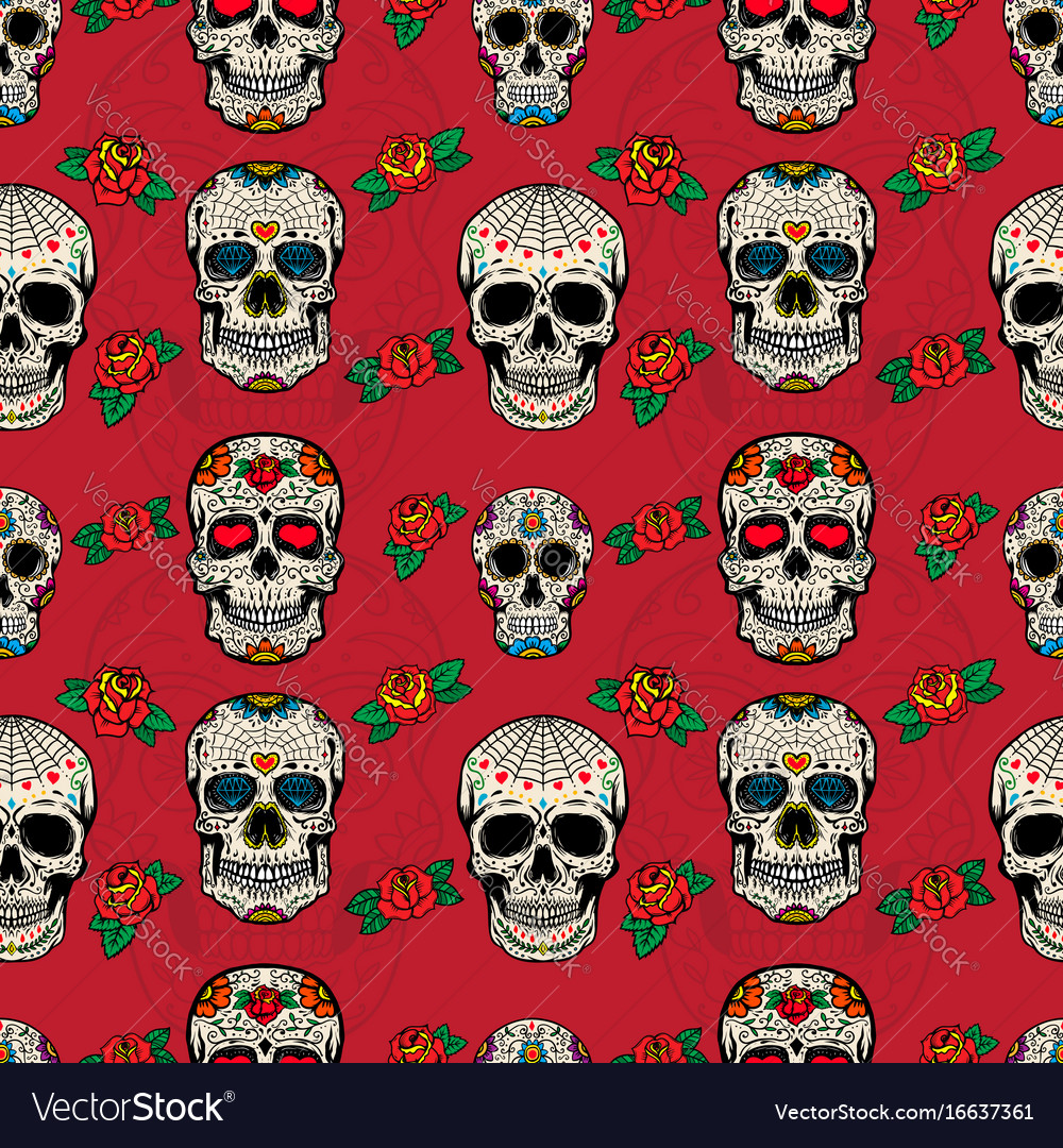 Seamless Pattern With Sugar Skulls Isolated On Vector Image