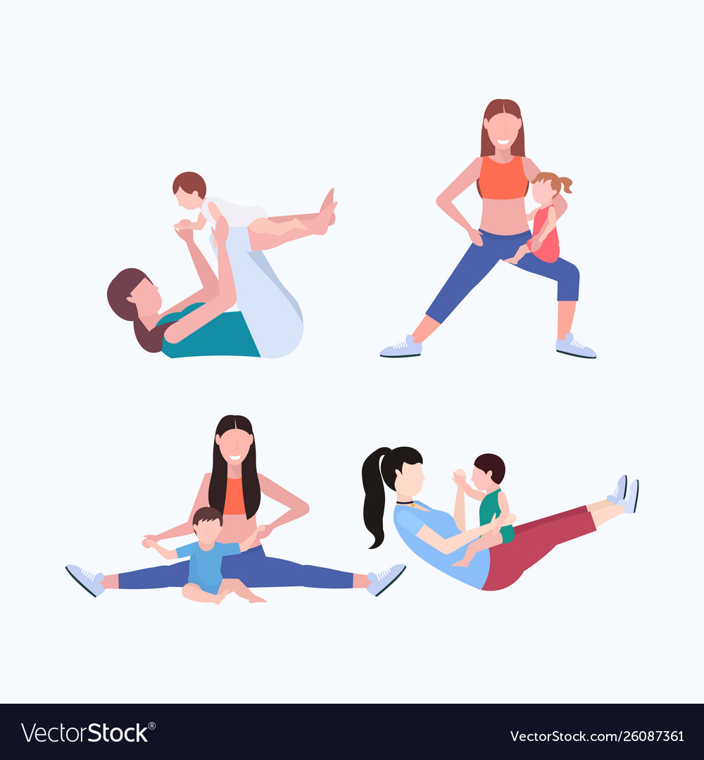 Set mother and kid doing different physical vector image Set mother and kid doing different physical