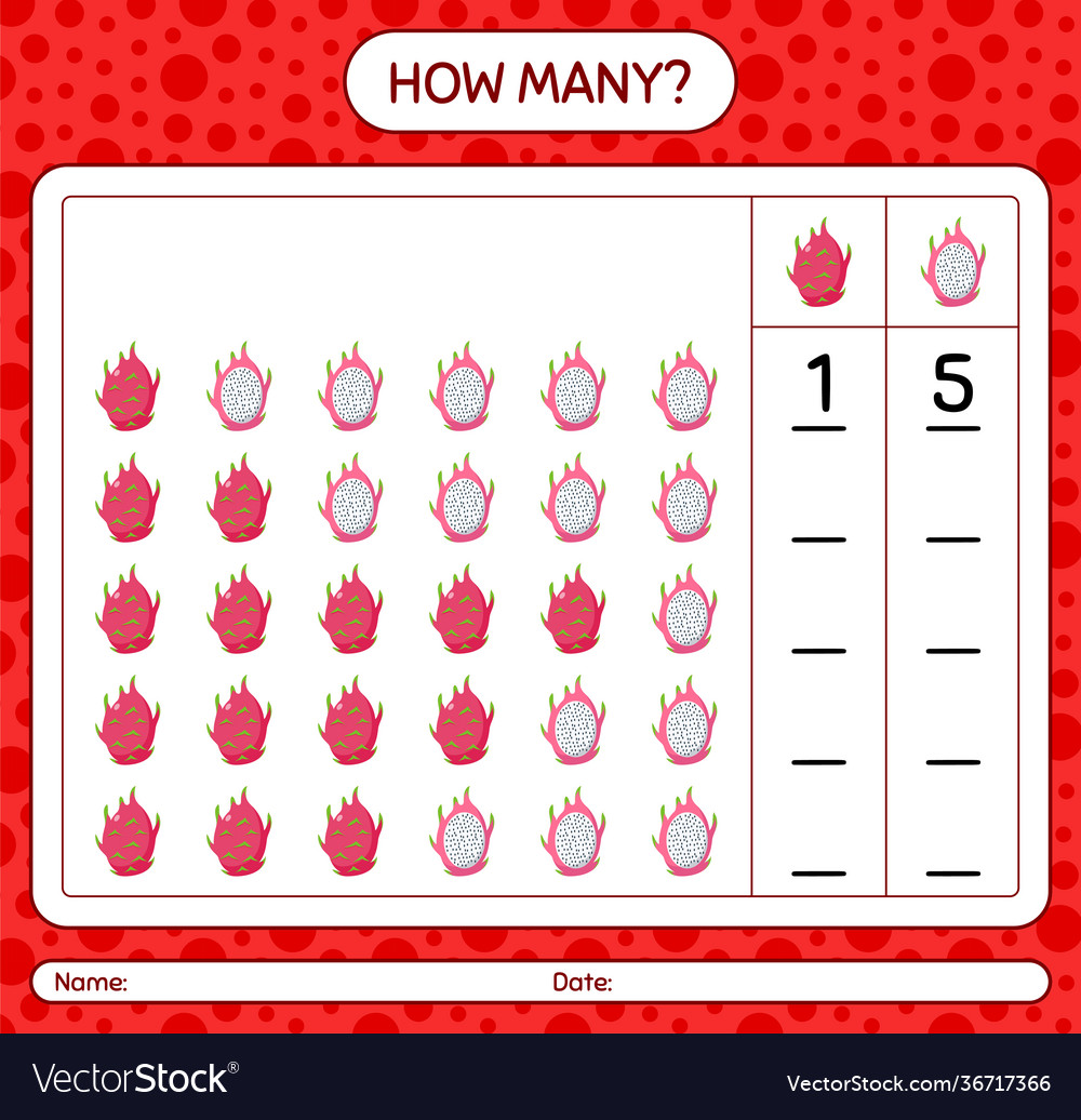 How many counting game with dragonfruit worksheet vector image How many counting game with dragonfruit worksheet