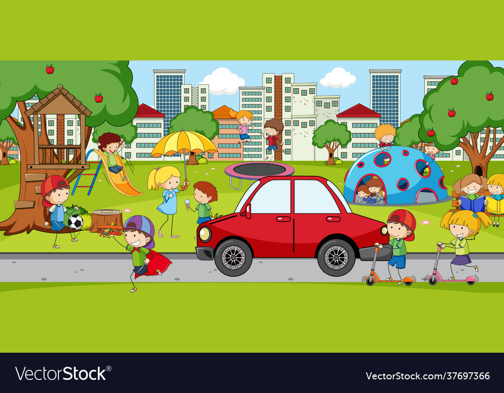 Outdoor scene with many kids playing in park Vector Image