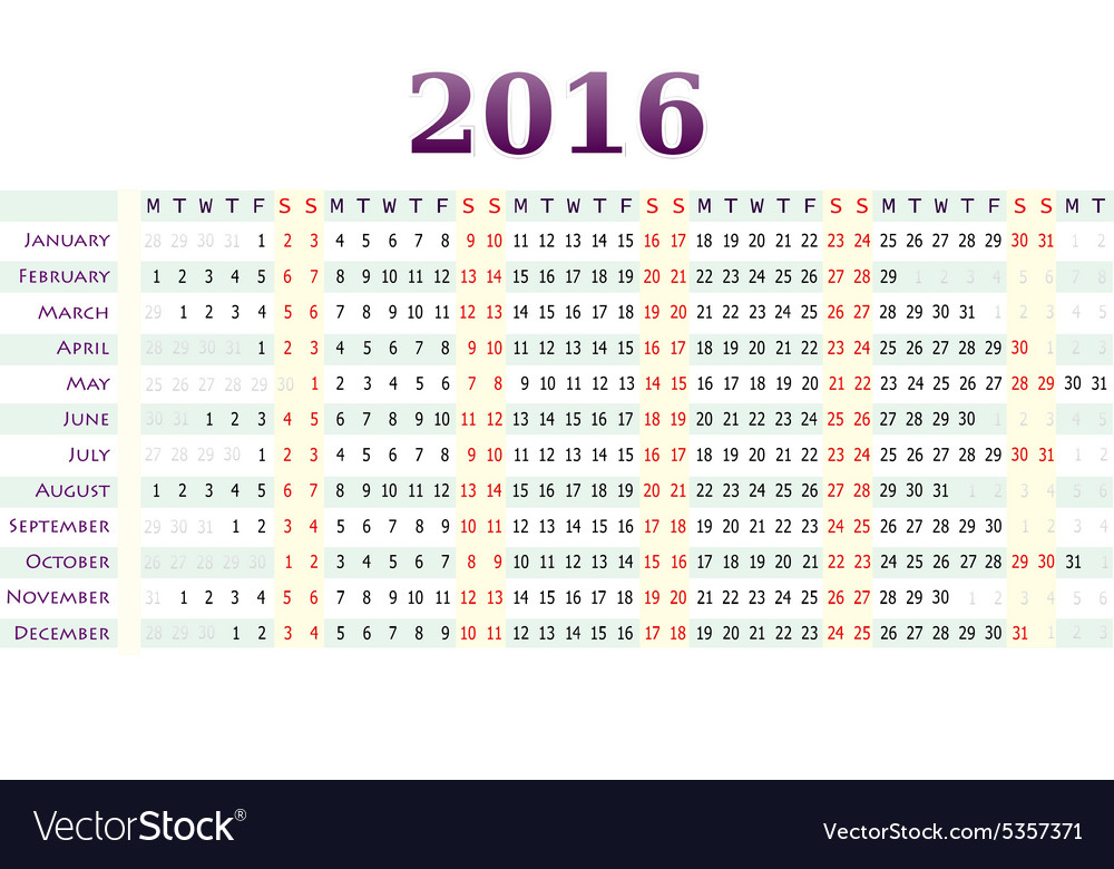 Horizontal calendar for year 2016 Royalty Free Vector Image