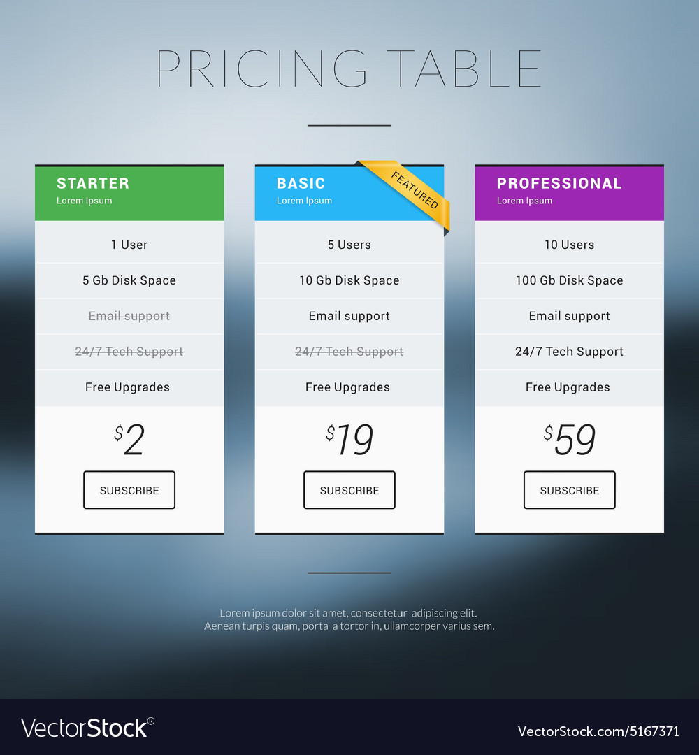 Pricing table in flat design style for websites