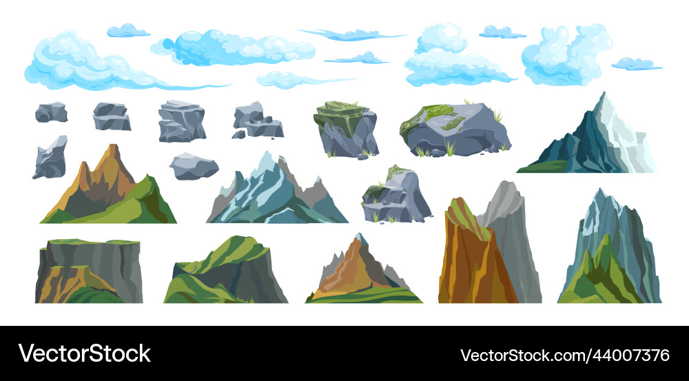 Mountains clouds flat set Royalty Free Vector Image