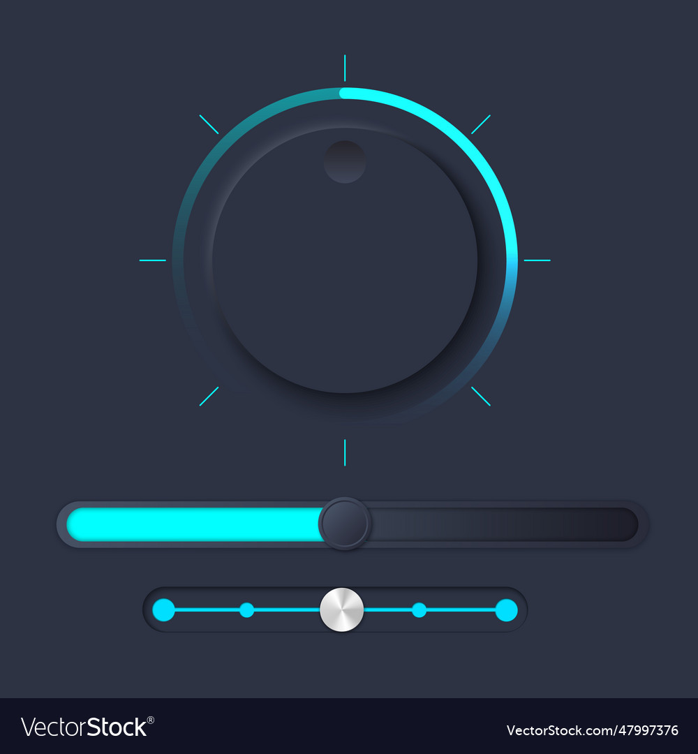 Neumorph ui kit with volume knob and slider dark vector image Neumorph ui kit with volume knob and slider dark
