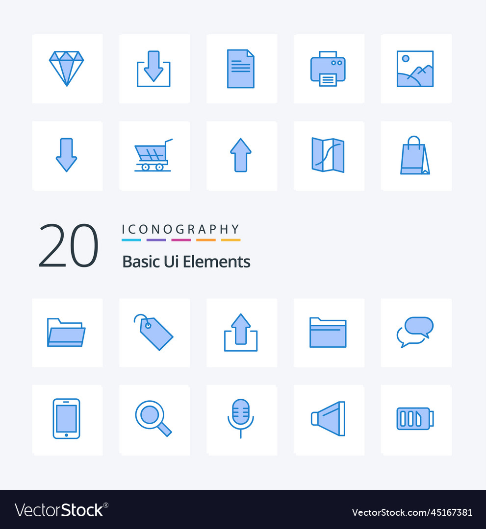 20 basic ui elements blue color icon pack like