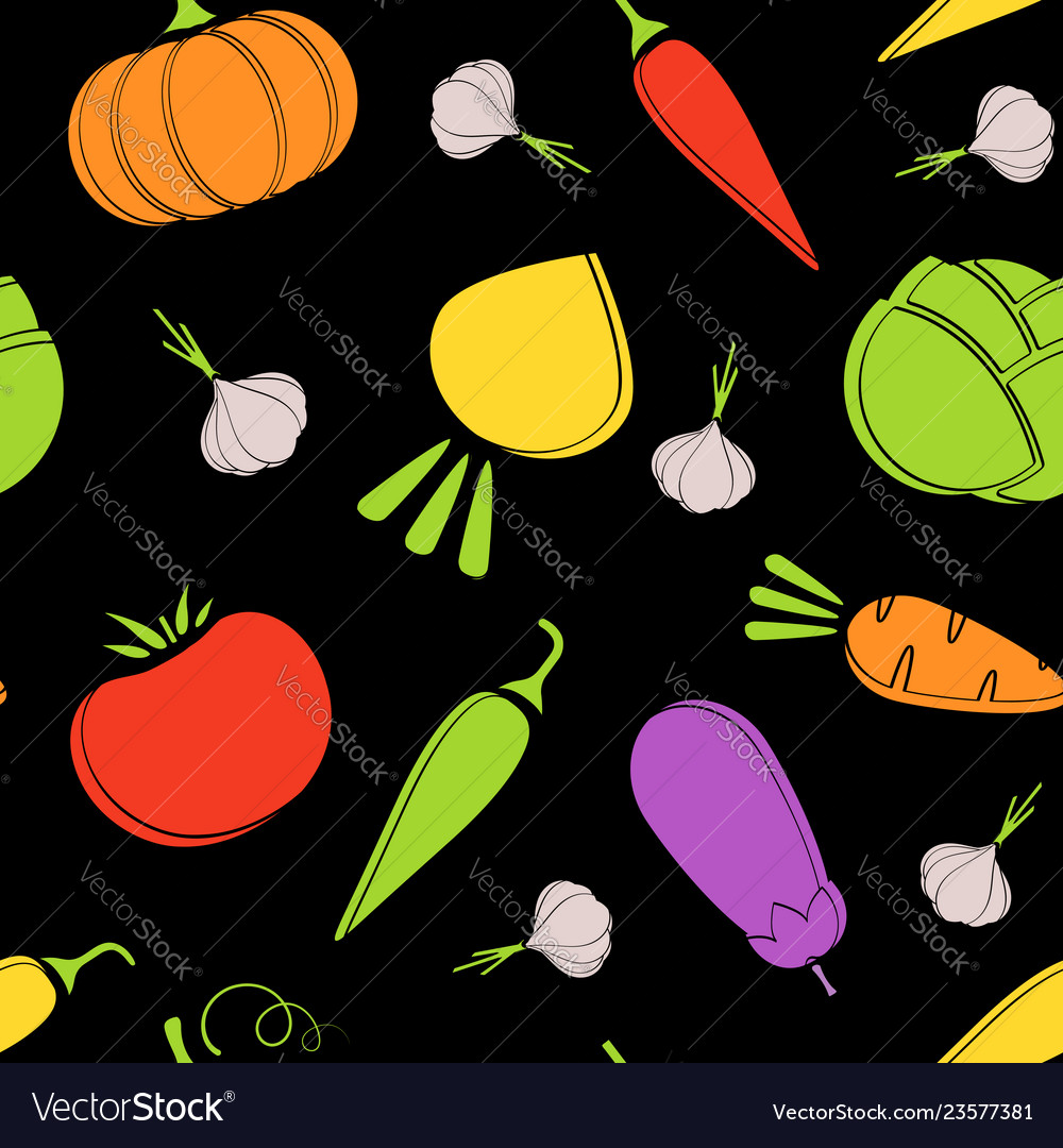 Color outline seamless vegetable black pattern vector image Color outline seamless vegetable black pattern