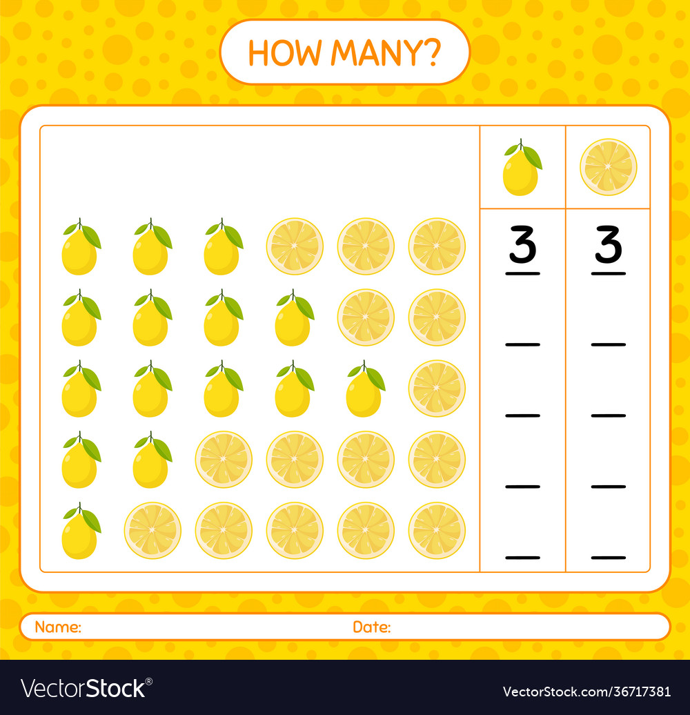 How many counting game with lemon worksheet vector image How many counting game with lemon worksheet