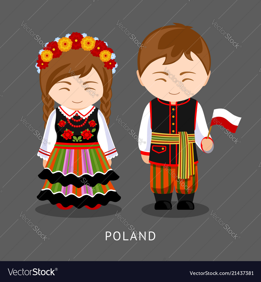 Polen im nationalen Kleid mit einer Flagge