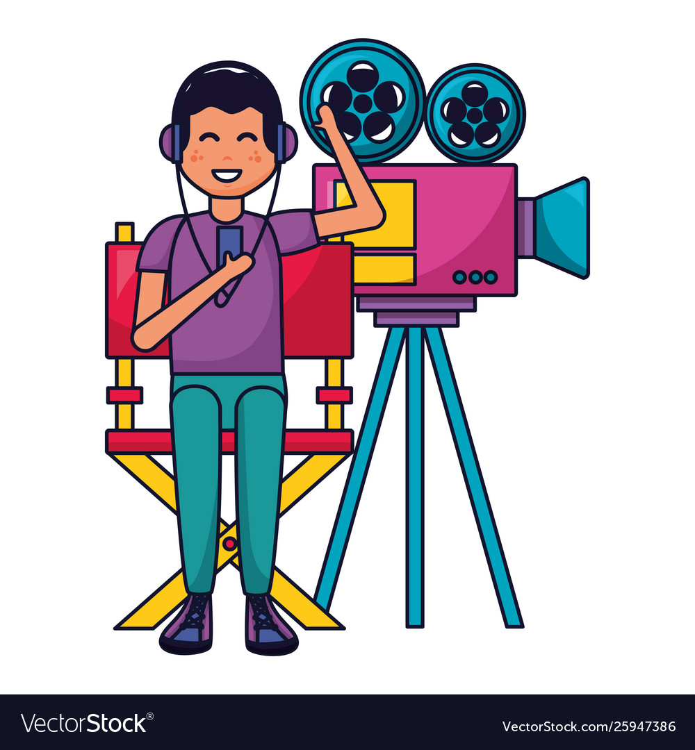 Man with headphones projector film and chair Vector Image