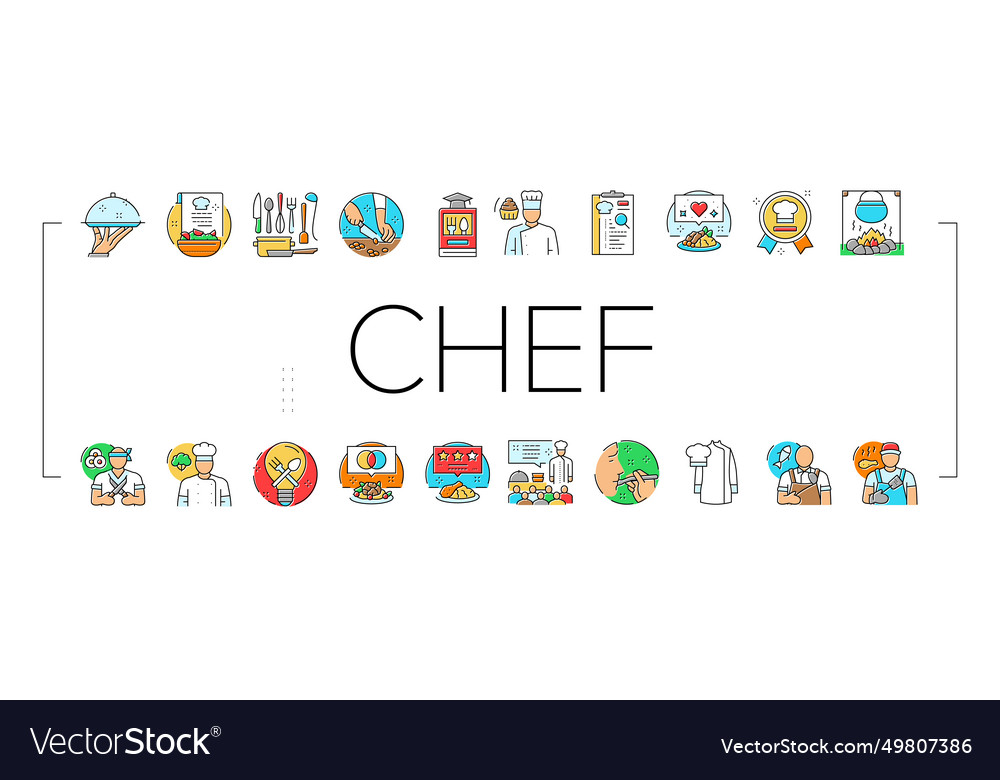 Restaurant chef cooking food icons set