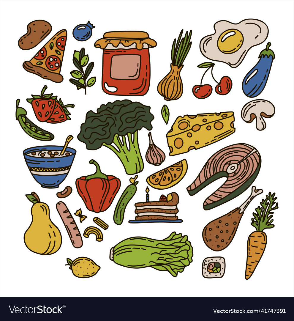 Food doodle icons hand made line art set Vector Image