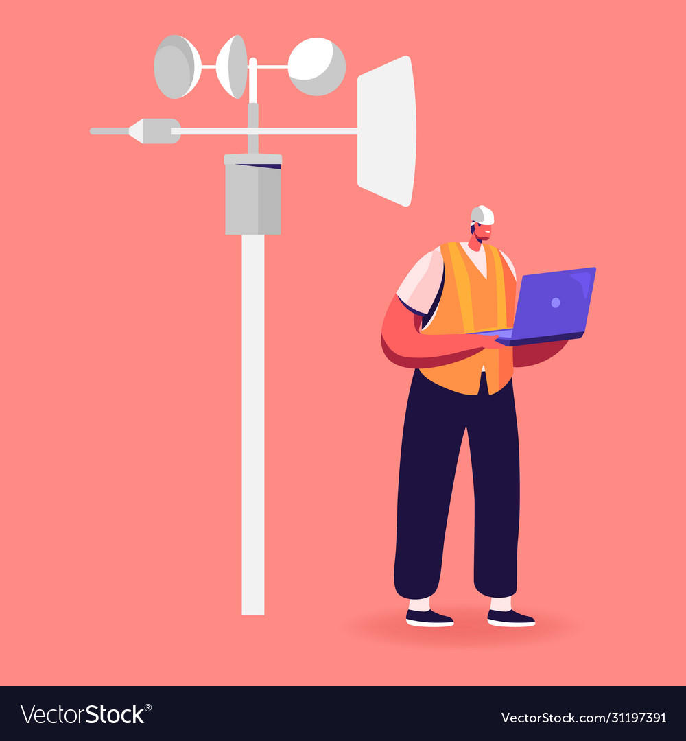 Male character in worker robe and hardhat hold Vector Image