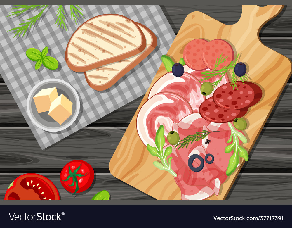 Top view sliced meat set on table