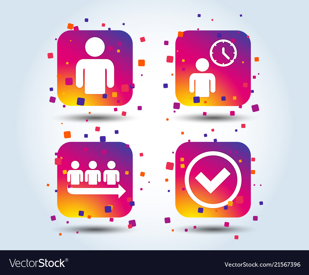 Queue icon person waiting sign check and time vector image Queue icon person waiting sign check and time