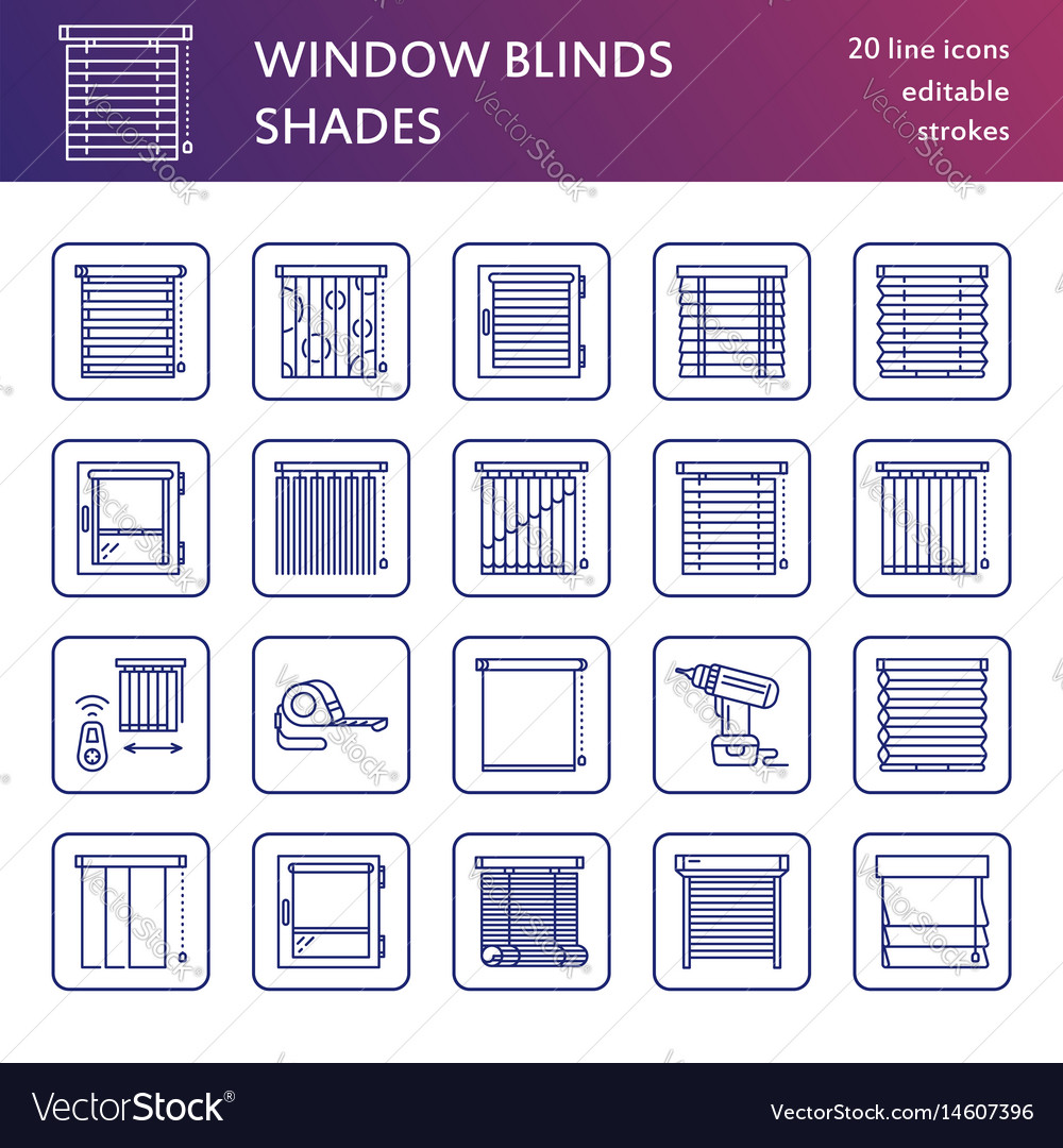 Window blinds shades line icons various room