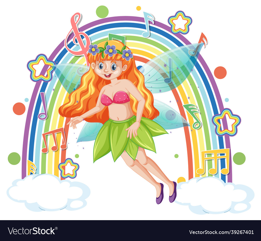 Beautiful fairy standing on a cloud with rainbow