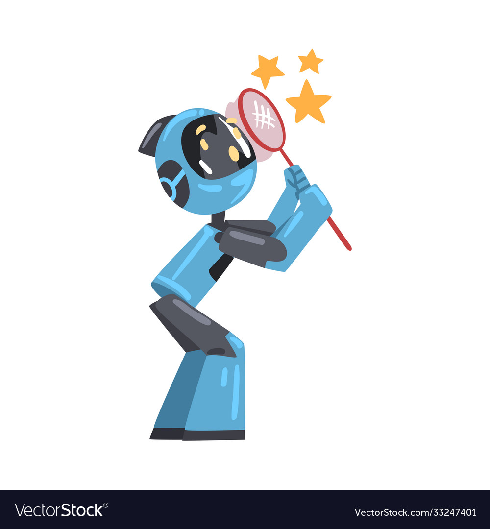 Freundliche Roboter fangen Sterne mit Netz niedlich vector image Freundliche Roboter fangen Sterne mit Netz niedlich