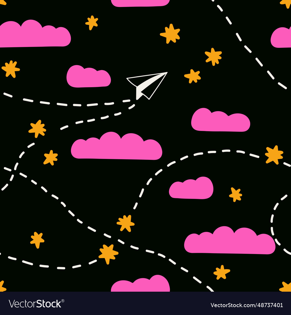 Seamless pattern with paper airplane in clouds