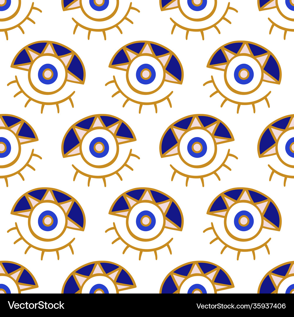 Evil eyes seamless pattern in blue golden colors Vector Image