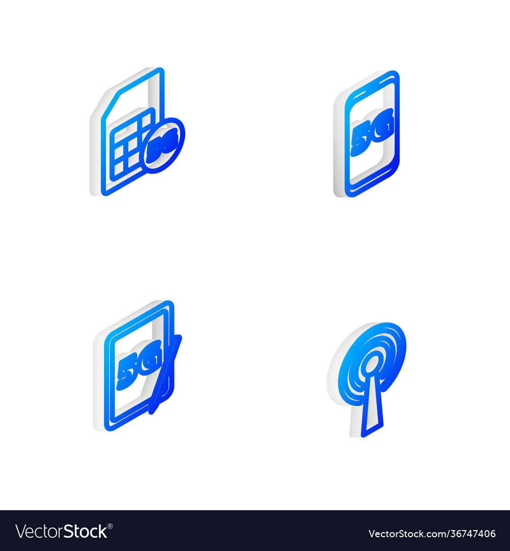 Set isometric line mobile with 5g network sim vector image Set isometric line mobile with 5g network sim