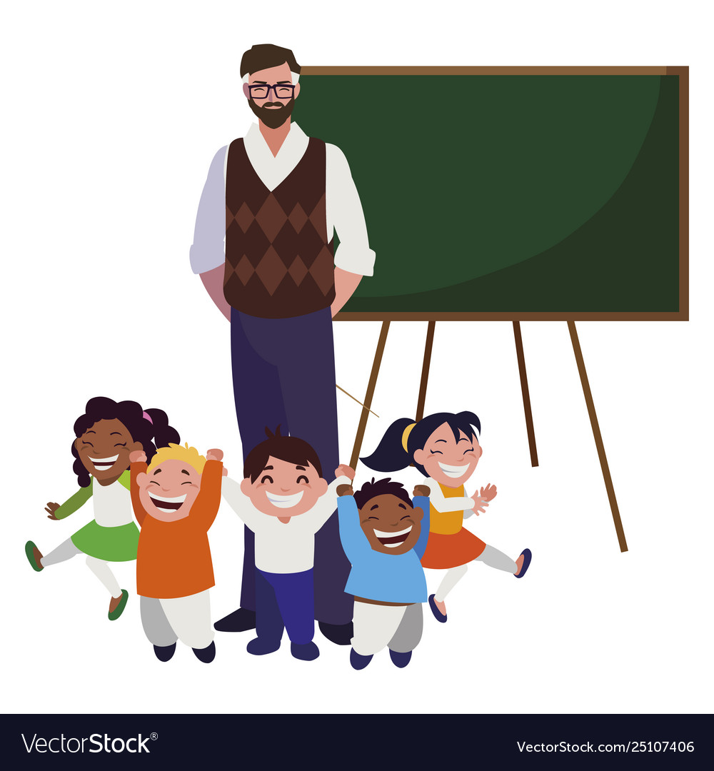 Teacher male with kids students and chalkboard Vector Image