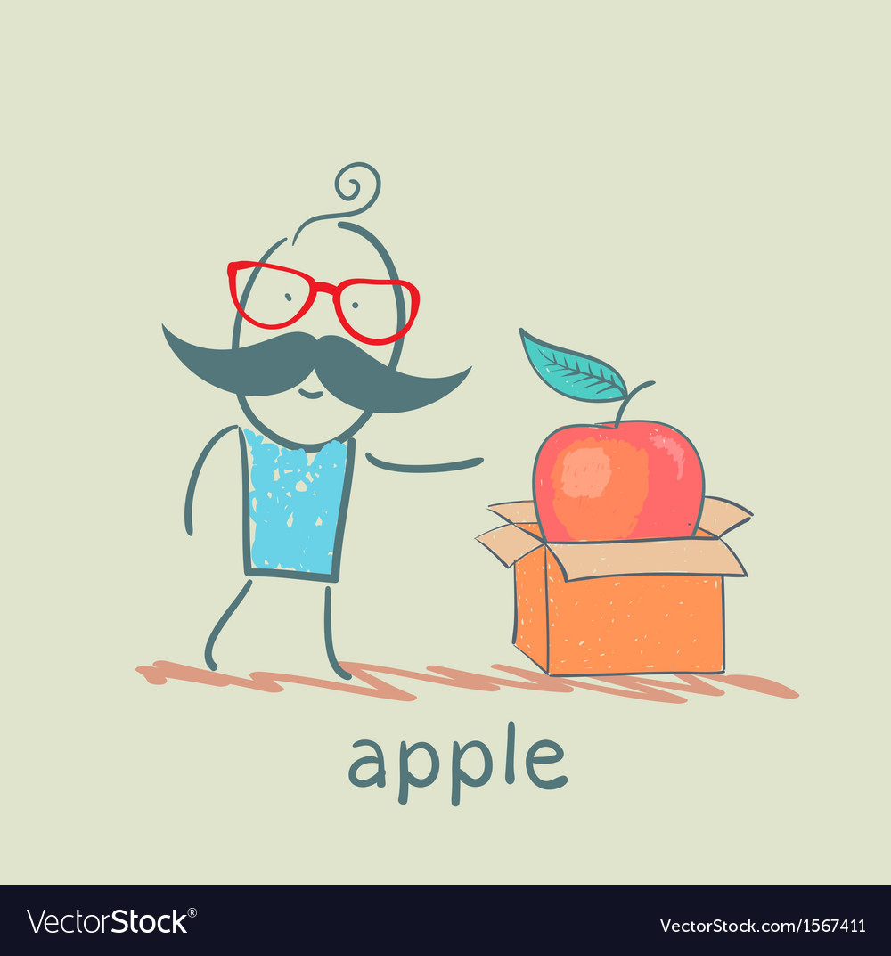 Man opens a box with an apple