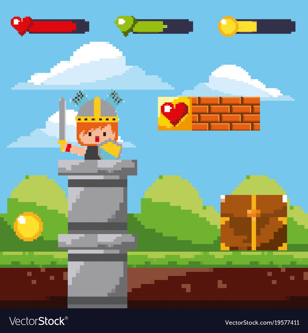 Pixel game arcade with warrior treasure landscape