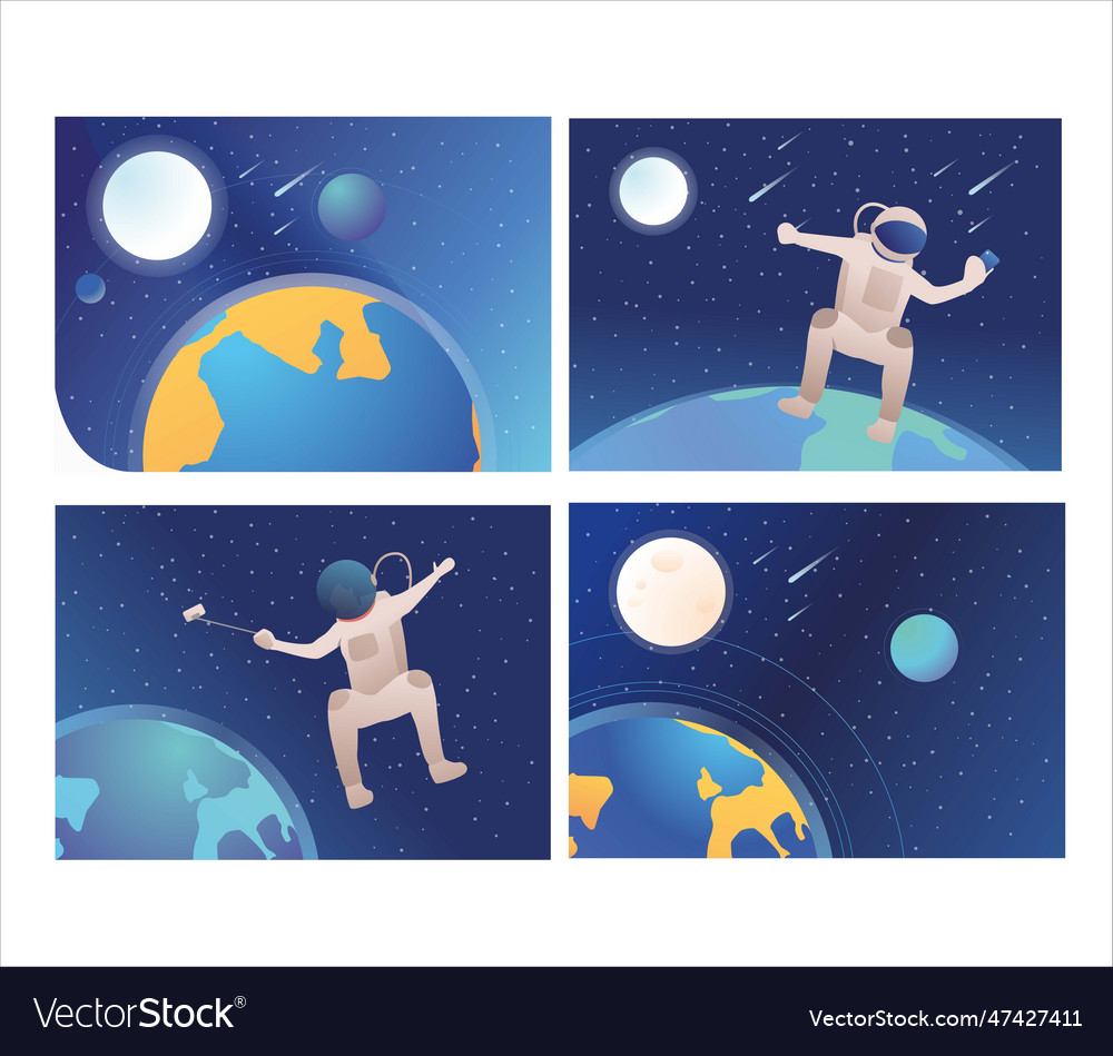 Set of astronauts making selfie in open space vector image Set of astronauts making selfie in open space