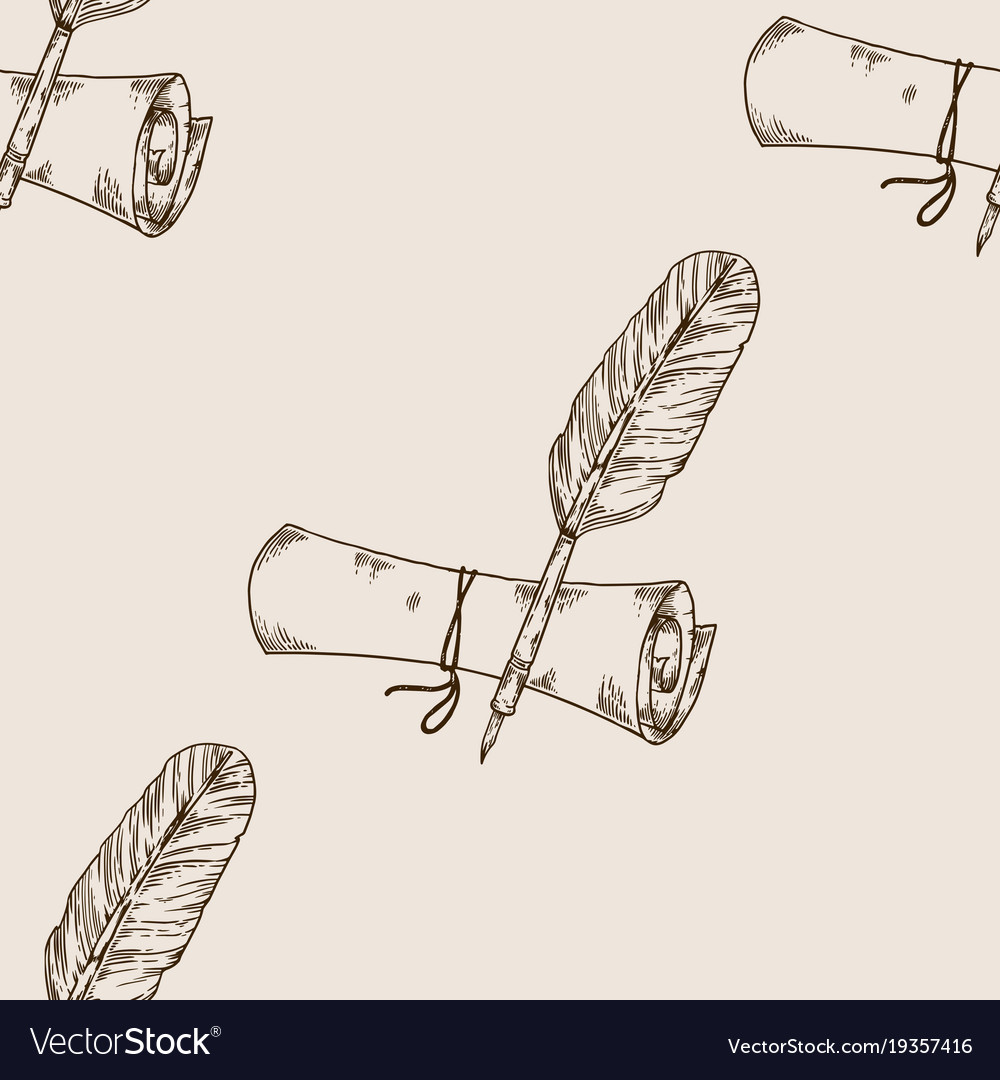 Ancient scroll and pen seamless pattern engraving