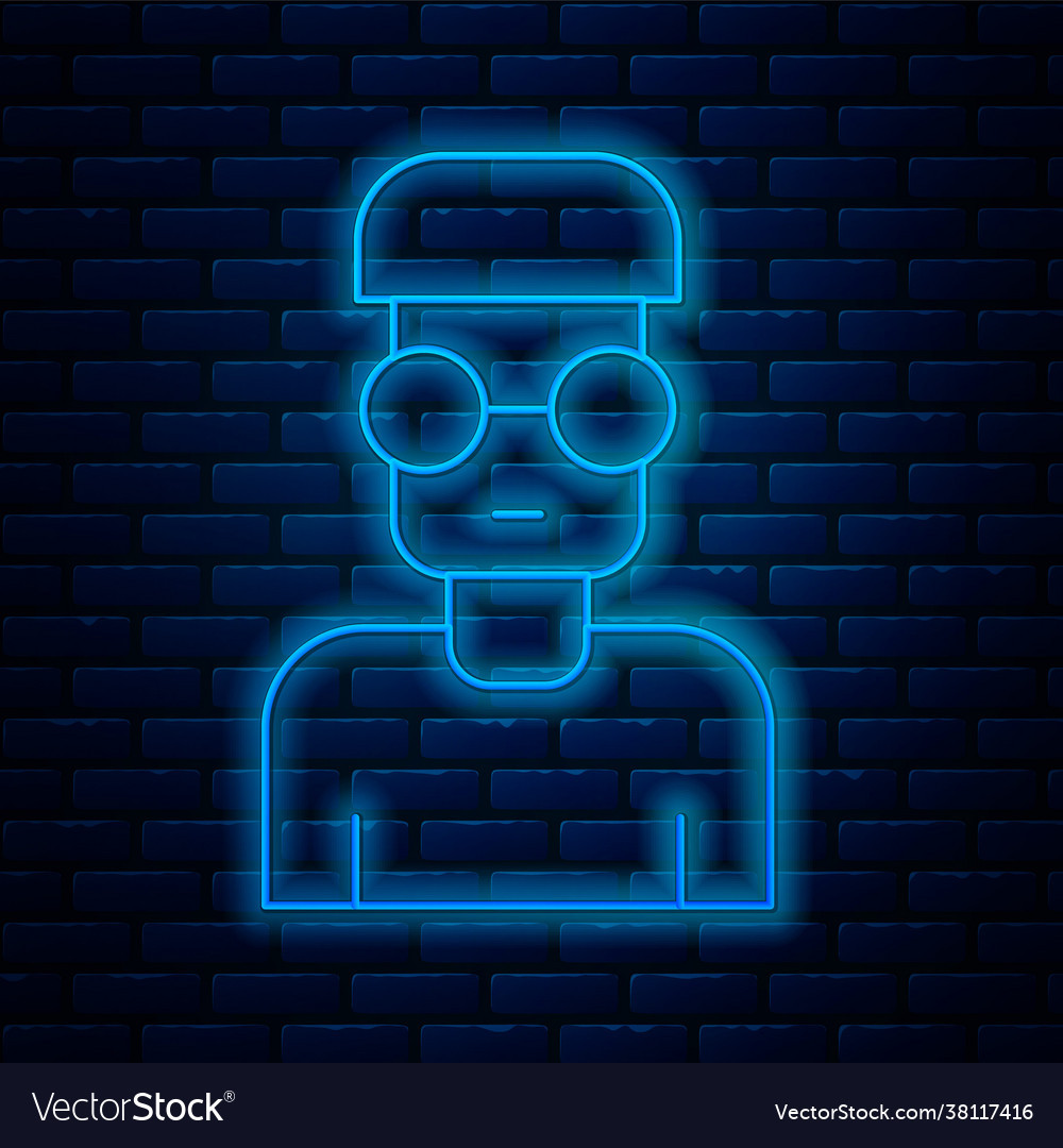 Glowing neon line nerd geek icon isolated on brick