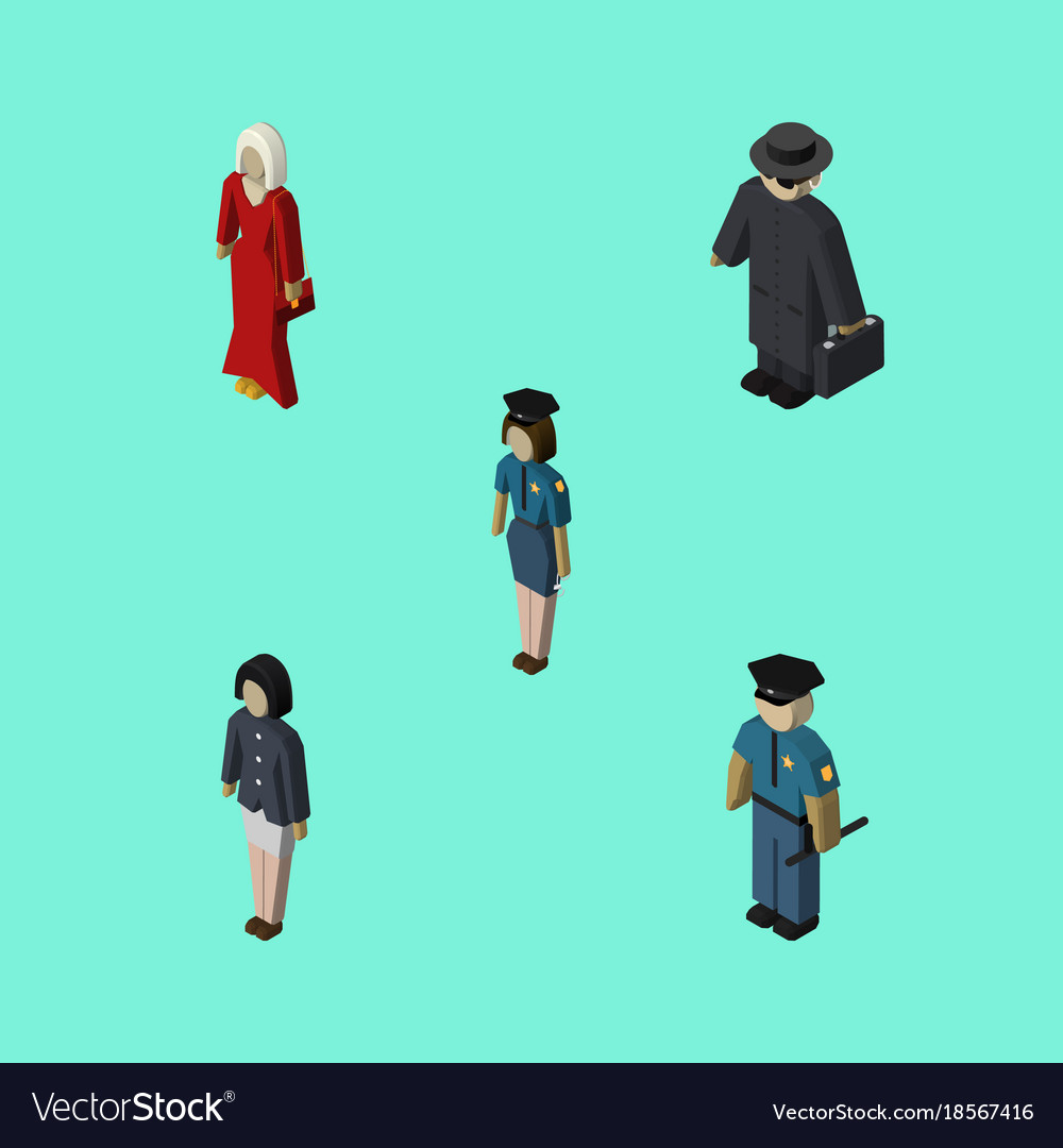 Isometric human set of policewoman officer girl