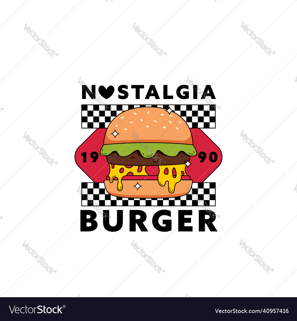Nostalgia retro burger logo 90s style icon trendy Vector Image