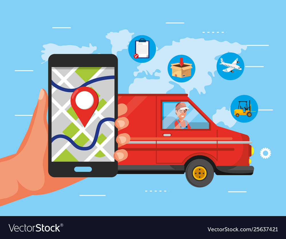 Hand with smartphone map location and man